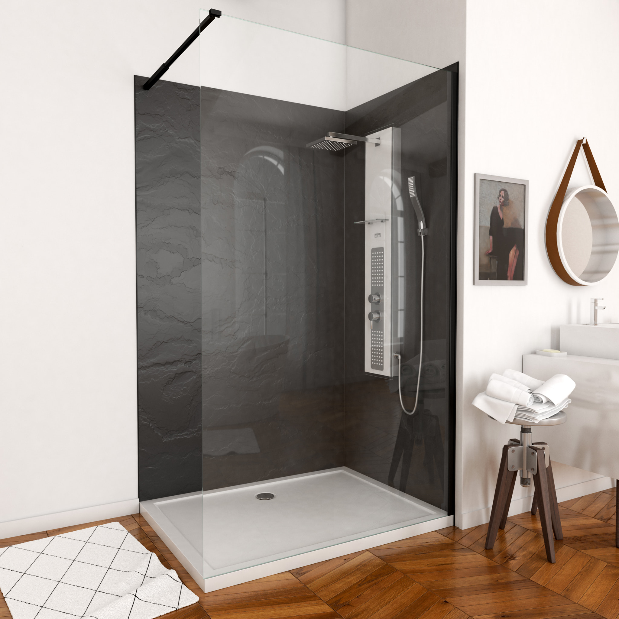Pack Panneaux Muraux Pierre Finition Ardoise 120+90 - Profilés Noir Mat + Receveur Acrylique 120x90