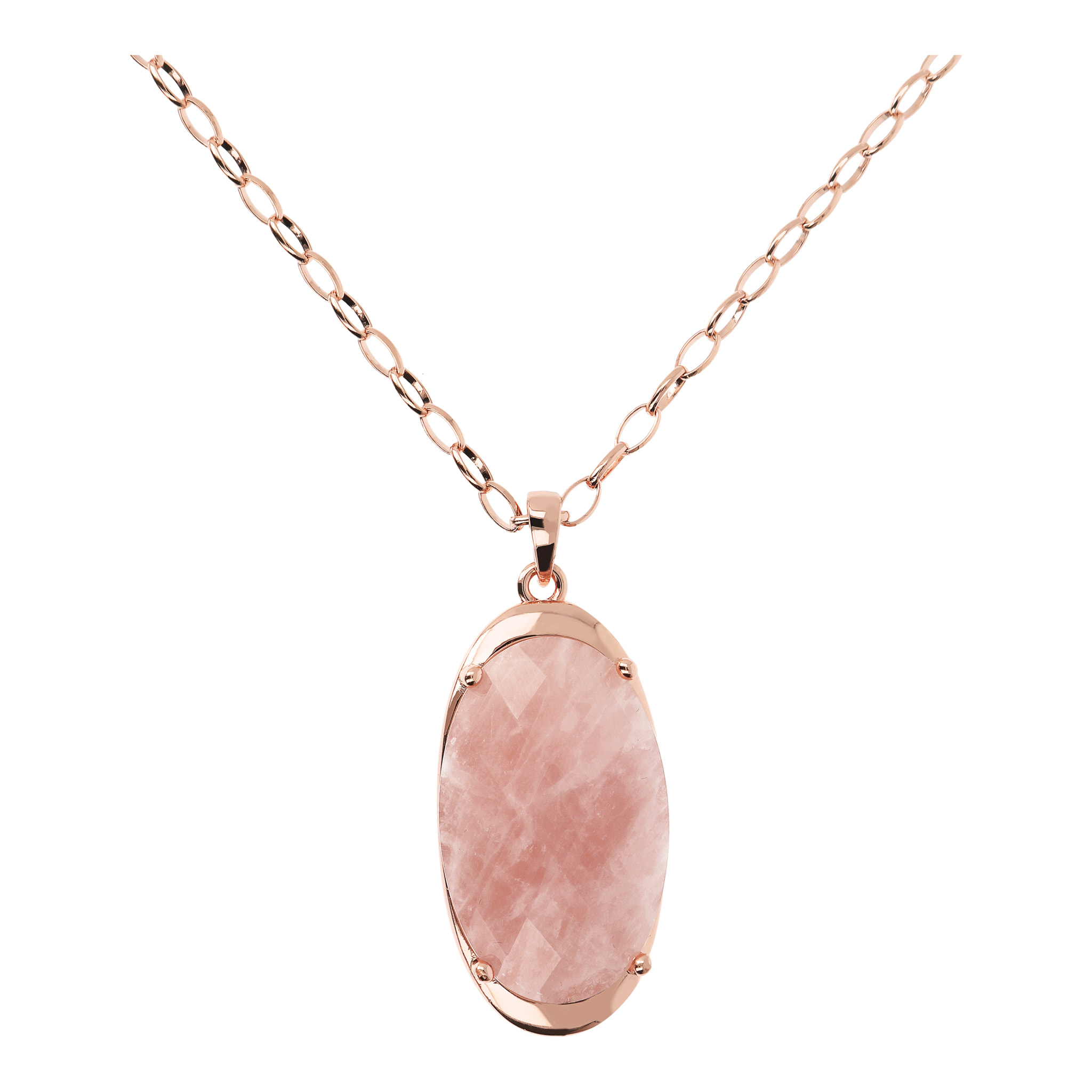 Collana Lunga Catena Rolo con Pendente in Pietra Naturale Ovale Quarzo Rosa