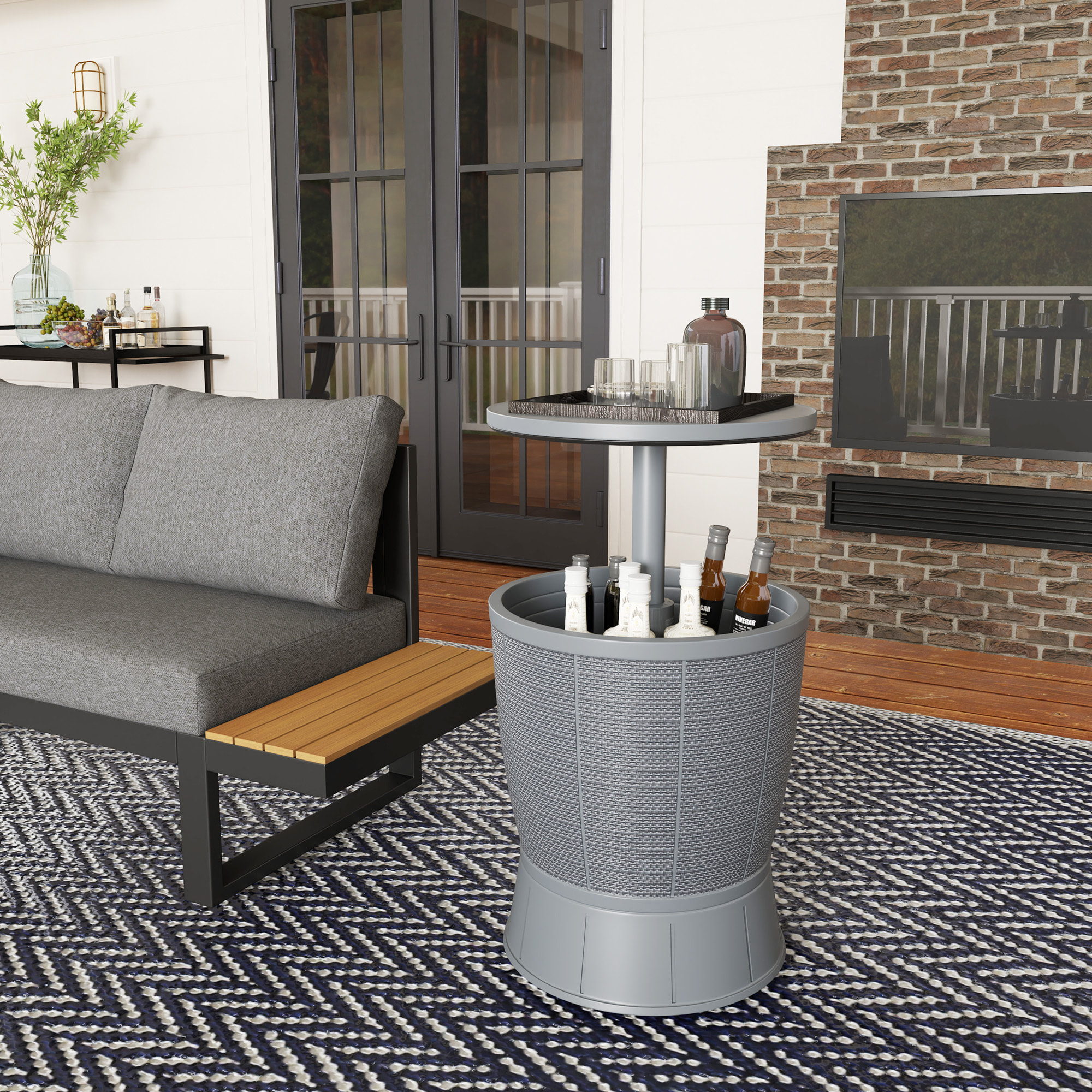 Mesa Nevera para Exterior 41 L 3 en 1 Cool Bar Mesa Auxiliar con Altura Ajustable 58-84 cm Cubo de Hielo Tapa Superior Elevable para Fiesta Piscina Jardín Patio Gris