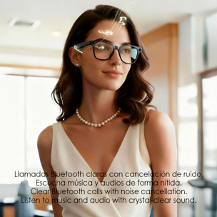 Gafas inteligentes HY15 con cámara de 12 MP para fotos y video de 2.5k. Traductor en tiempo real con asistente de voz inteligente y acceso a ChatGPT vía app. Control de música y llamadas.