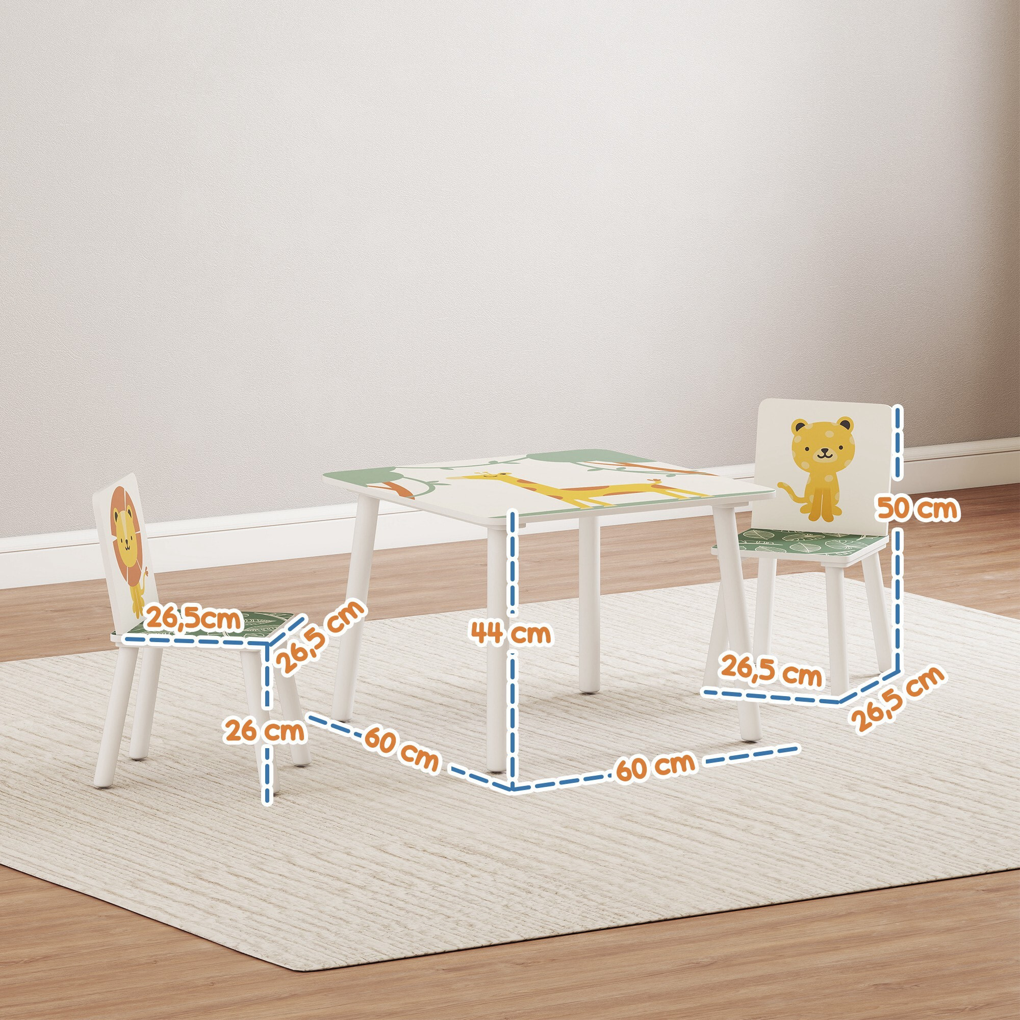 Mesa y Sillas Infantiles de 3 Piezas, Mesa Infantil con 2 Sillas de Madera de Pino, Juego de Muebles con Dibujos de Leones para niños de +3 Años, para Dormitorio, Sala de Juegos, Verde