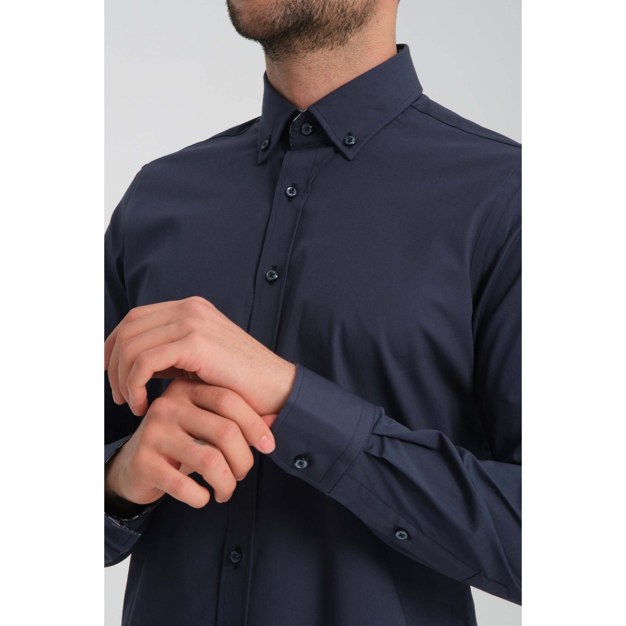 camicia uomo 1 bottone button down slim Popeline Stretch Unito Blu