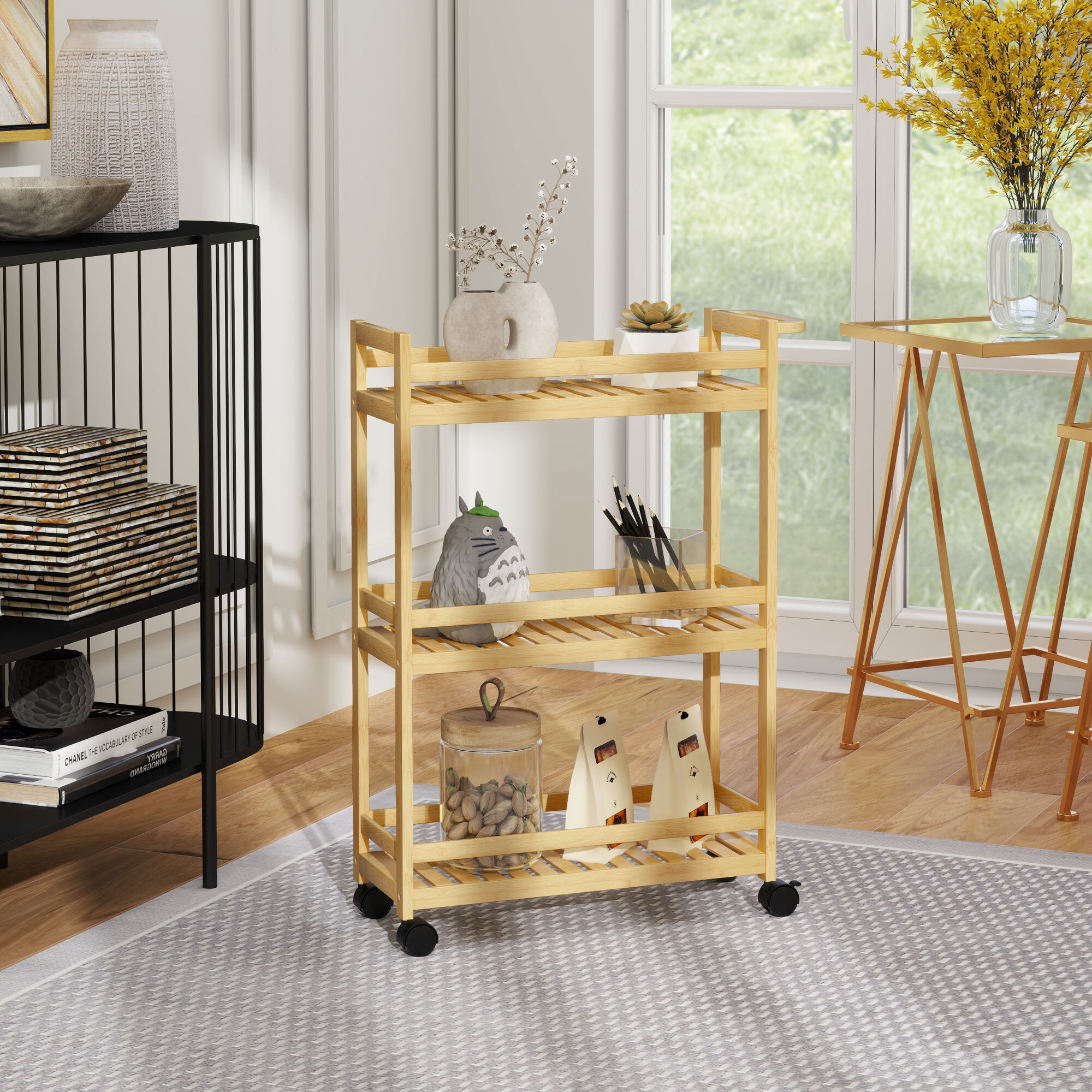 Carrito Auxiliar con Ruedas de Bambú, Carrito de Cocina Estrecho de 3 Niveles con Asa, para Salón, Baño, Espacios Pequeños, 55x20x75 cm, Natural