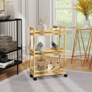 Carrito Auxiliar con Ruedas de Bambú, Carrito de Cocina Estrecho de 3 Niveles con Asa, para Salón, Baño, Espacios Pequeños, 55x20x75 cm, Natural