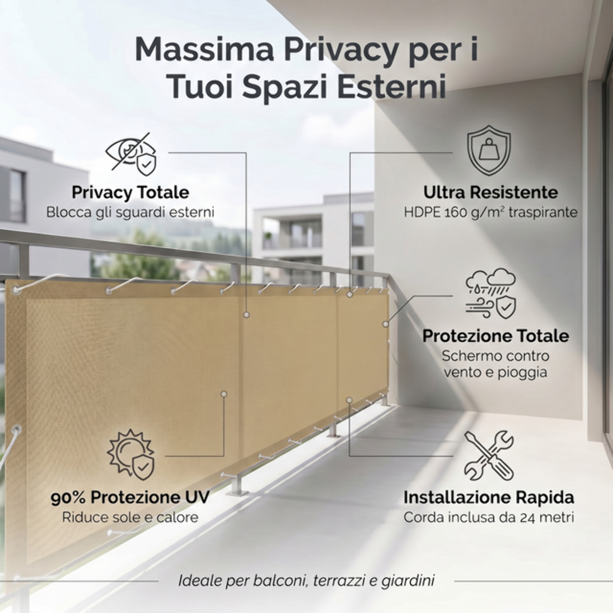 Telo copri balcone frangivento impermeabile 0,9x5 m in HDPE, schermatura privacy oltre 90%, protezione UV 95%, con occhielli e corda, resistente a vento e pioggia, ideale per ringhiera terrazza giardino, facile da installare e durevole