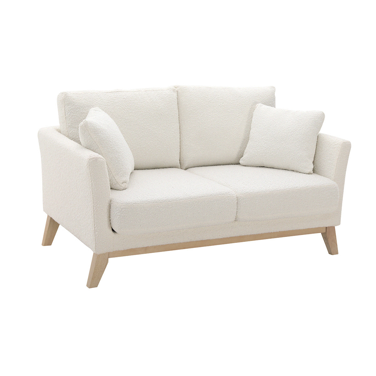 Canapé scandinave déhoussable 2 places en tissu effet laine bouclée blanc cassé et bois clair OSLO
