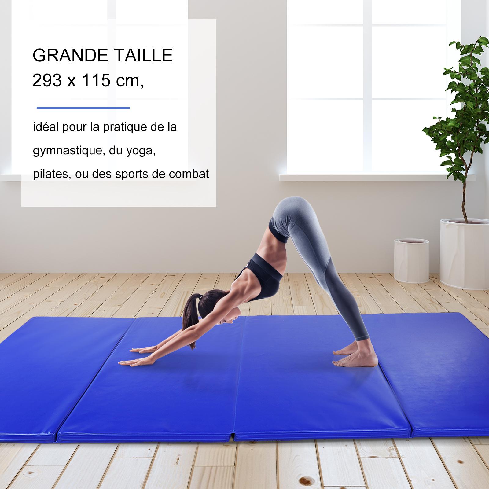 HOMCOM Tapis de Gymnastique Yoga Pilates Fitness Pliable Portable avec  Poignées Transport Antidérapant Similicuir EPE 180 x 60 5 cm Bleu 