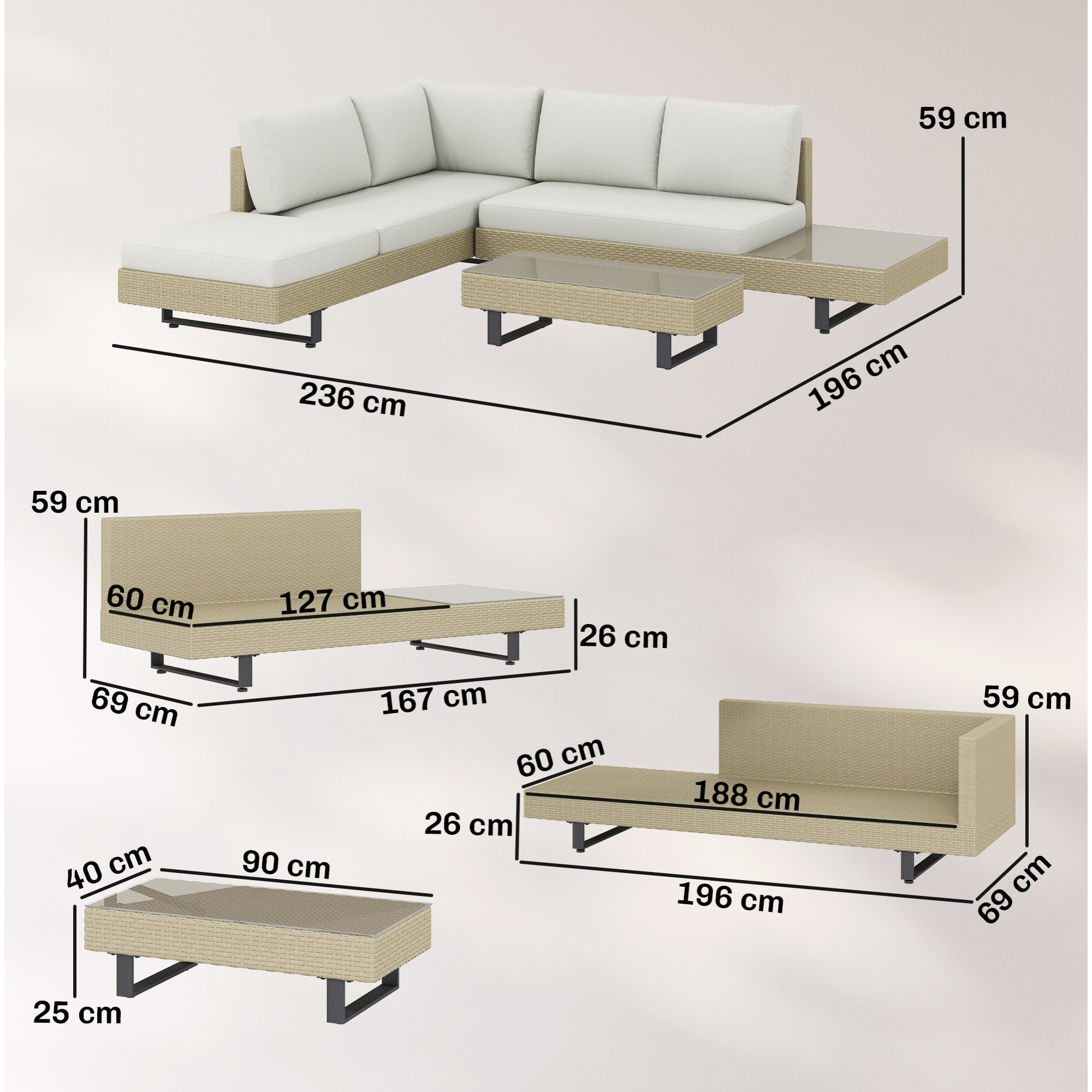 Conjunto de Jardín de Ratán de 3 Piezas, Conjunto Terraza Resistente, Muebles Jardín Exterior Incluye Cojines, Sofá de 3 Plazas, Sofá de 2 Plazas con Mesa Lateral, Mesa Centro de Vidrio Beige