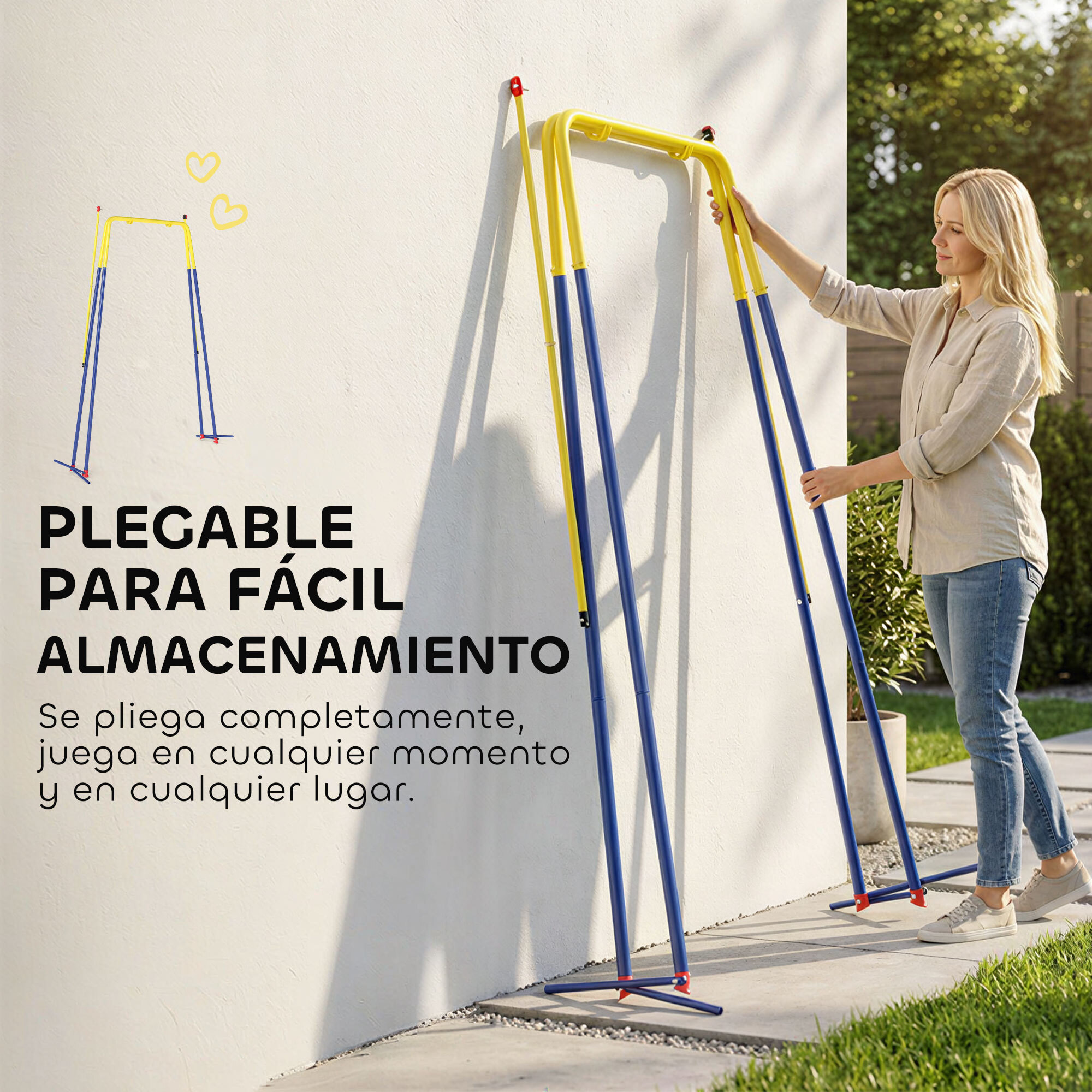 Estructura de Columpio Infantil Plegable, Estructura Metálica para 1 Columpio, con 2 Ganchos, 4 Estacas, Resistente para 50 kg, Forma A, para Interior y Exterior, 128x155x157 cm, Azul