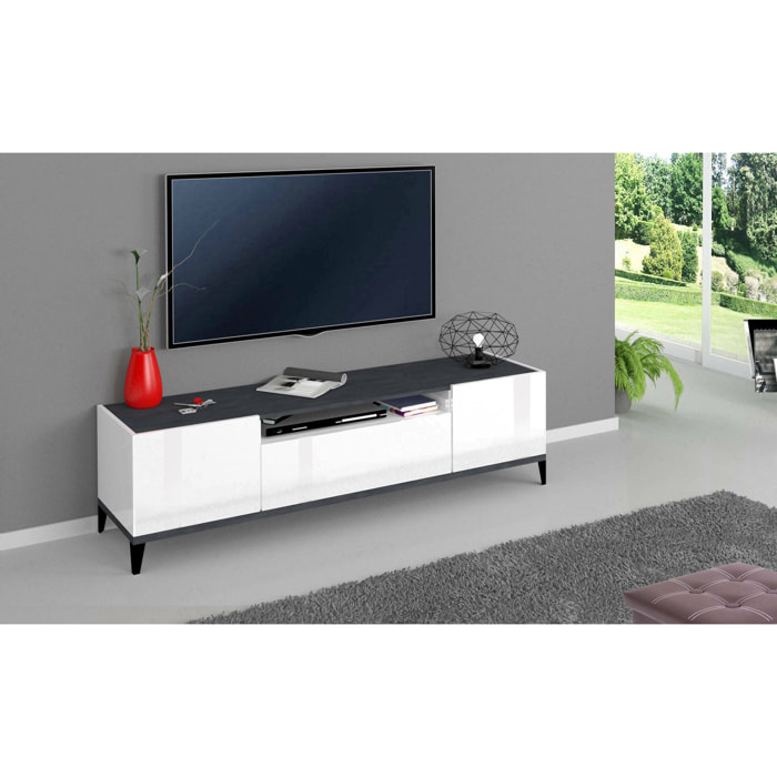 Mobile da soggiorno Porta TV, Made in Italy, Supporto per TV da salotto a 2 ante e 1 cassetto, Cm 160x40h47, Bianco lucido e Ardesia