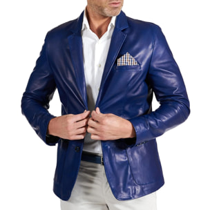 Blazer in pelle naturale bluette con taschino e fazzoletto