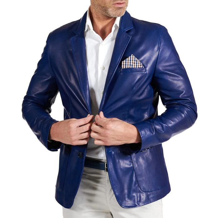 Blazer in pelle naturale bluette con taschino e fazzoletto