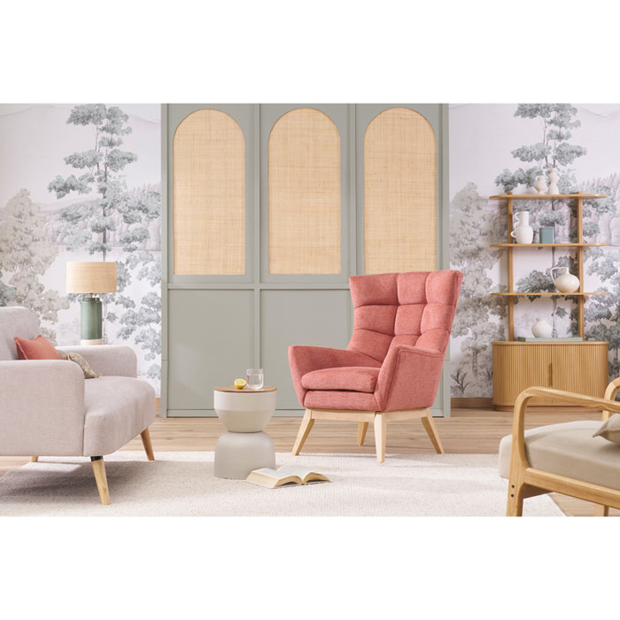 Fauteuil scandinave en tissu effet velours texturé terracotta et bois clair BRODY