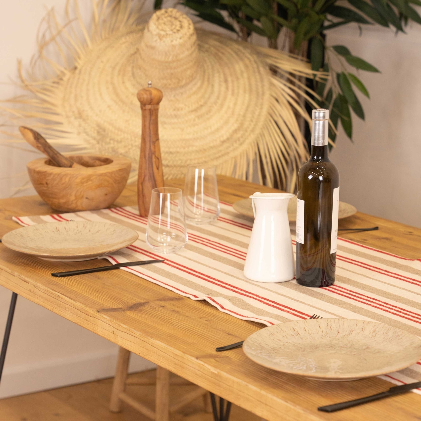 Chemin de table à rayures en coton - Rouge