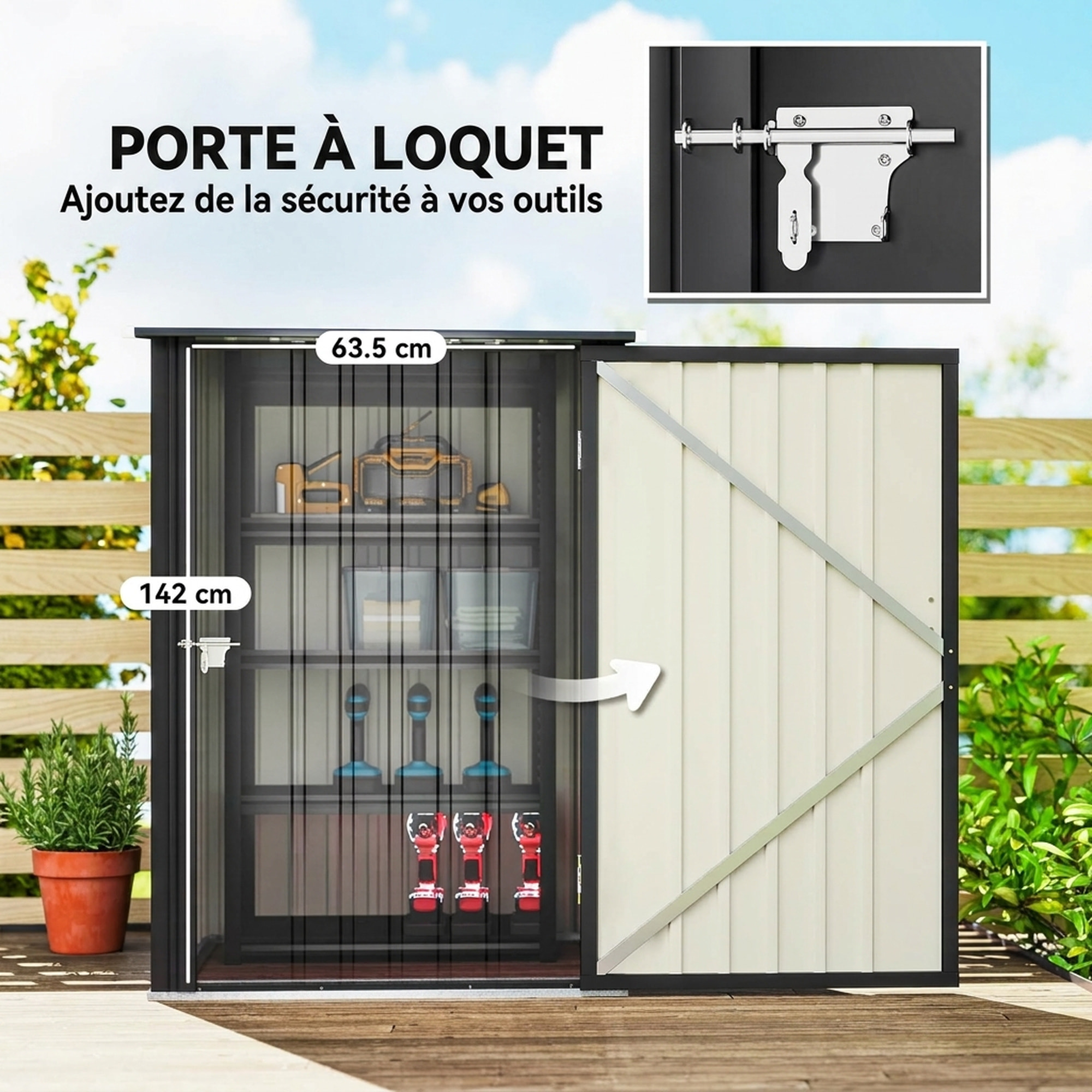 Abri de jardin - cabanon porte verrouillable - dim. 1L x 1,04l x 1,6H m - tôle d'acier ondulée anthracite