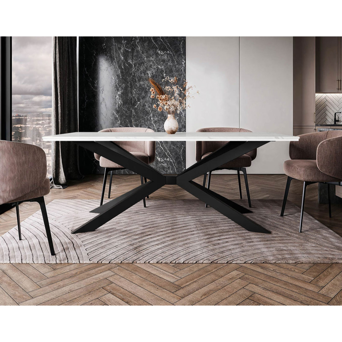 Casey - table à manger - plateau effet marbre - pieds en métal - 4 à 8 personnes - Blanc / Noir