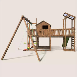 Aire de jeux pour enfant maisonnette avec portique et mur d'escalade - COTTAGE FUNNY