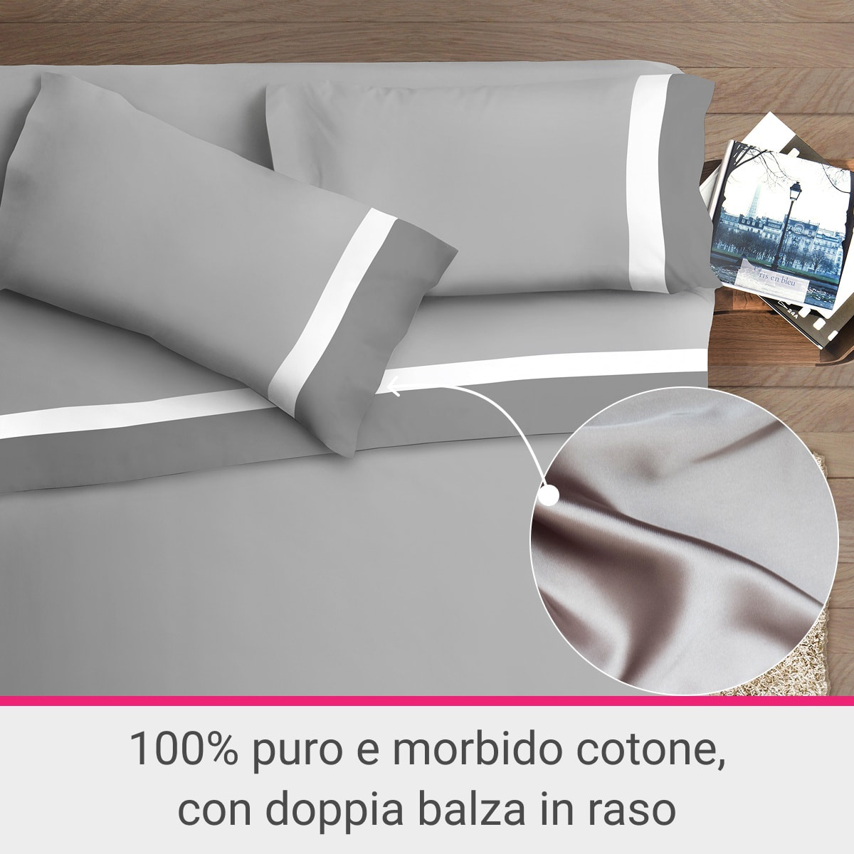 Completo letto doppia balza RASO IPERSAN Puro Cotone Grigio SC/Bianco fondo Grigio