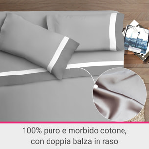 Completo letto doppia balza RASO IPERSAN Puro Cotone Grigio SC/Bianco fondo Grigio