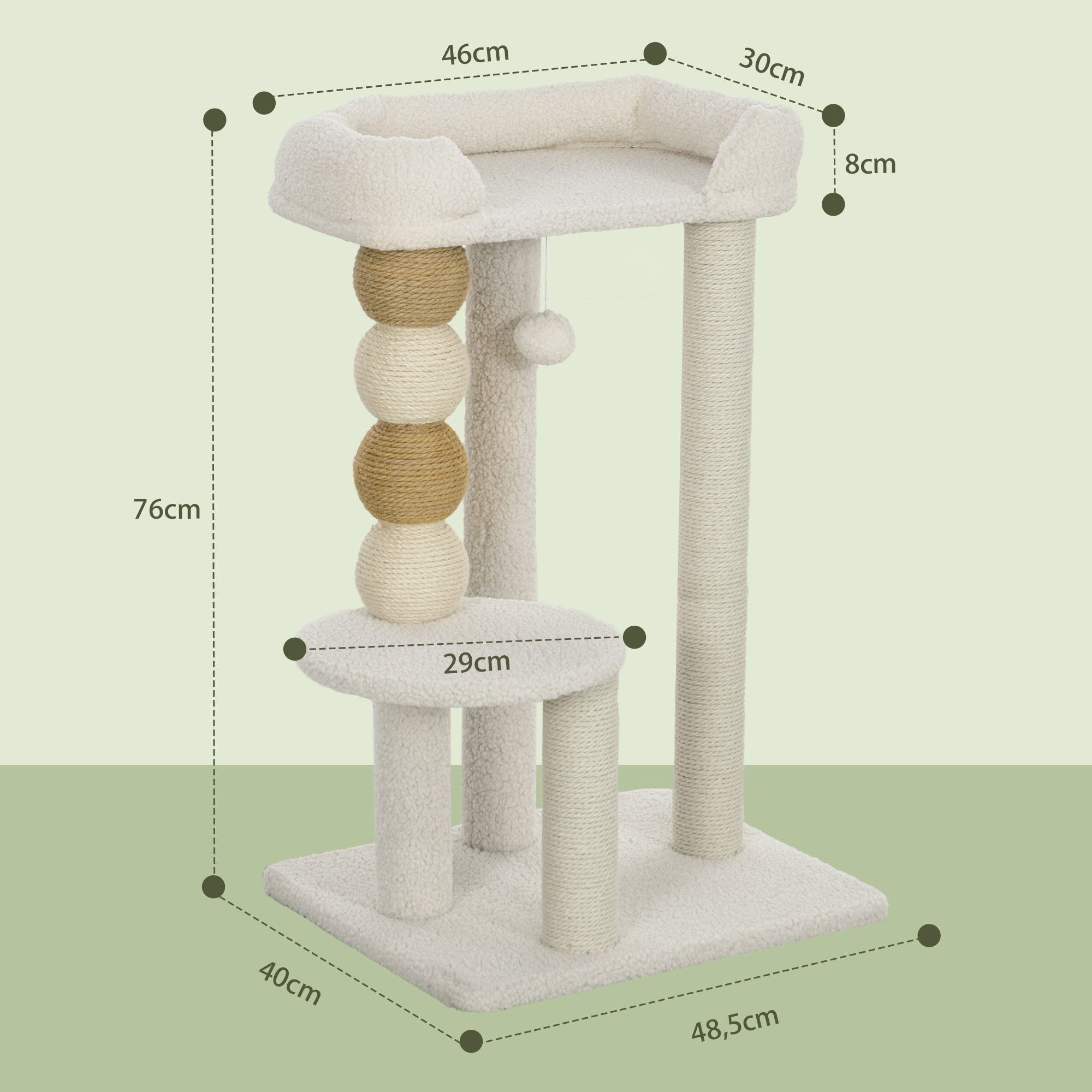 Árbol Rascador para Gatos Altura 76 cm Árbol para Gatos Torre para Gatos con Revestimiento de Borreguillo Plataformas Bola Colgante y Poste de Yute Beige