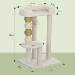 Árbol Rascador para Gatos Altura 76 cm Árbol para Gatos Torre para Gatos con Revestimiento de Borreguillo Plataformas Bola Colgante y Poste de Yute Beige
