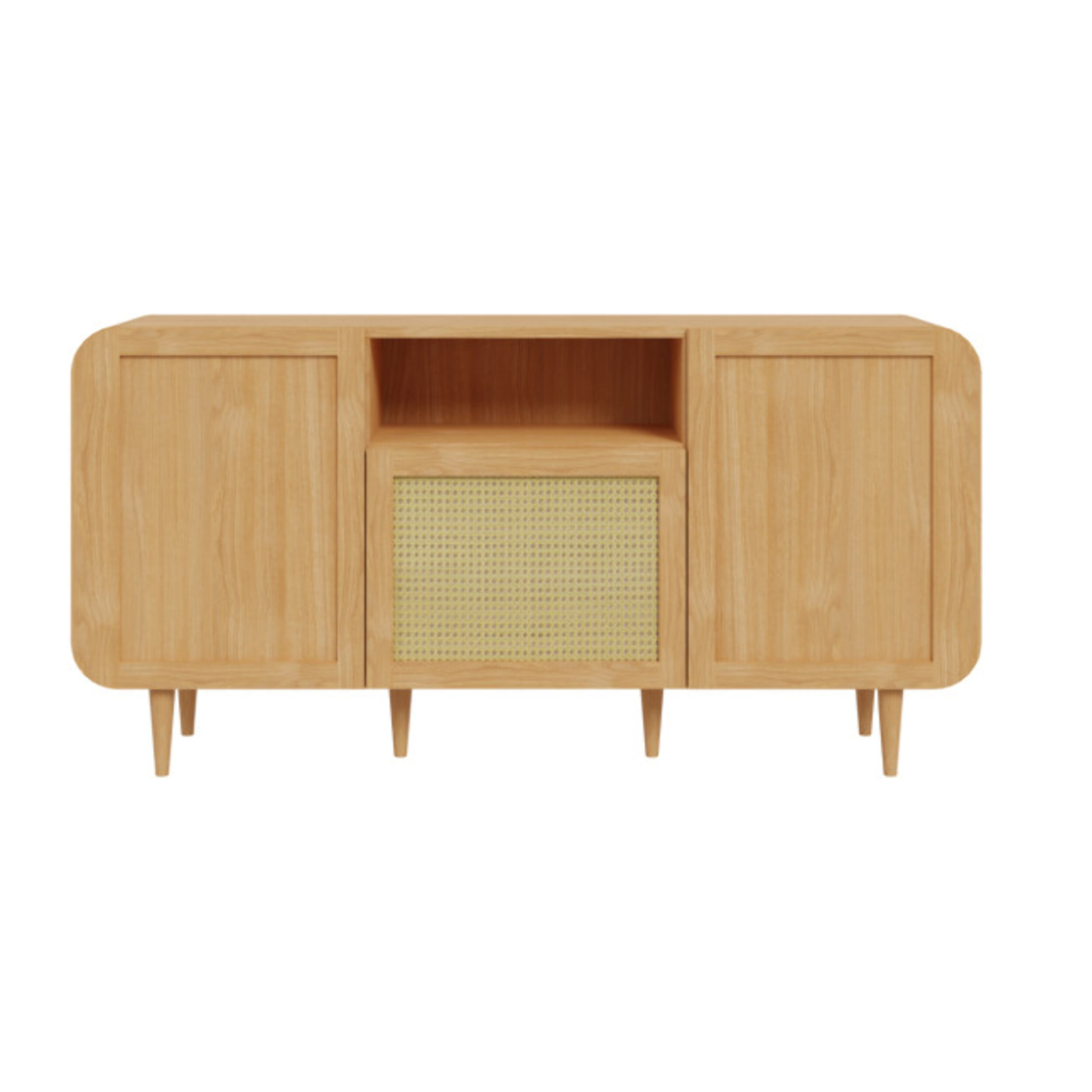 Buffet 160 cm cannage rotin et décor chêne angles arrondis - BEVERLY