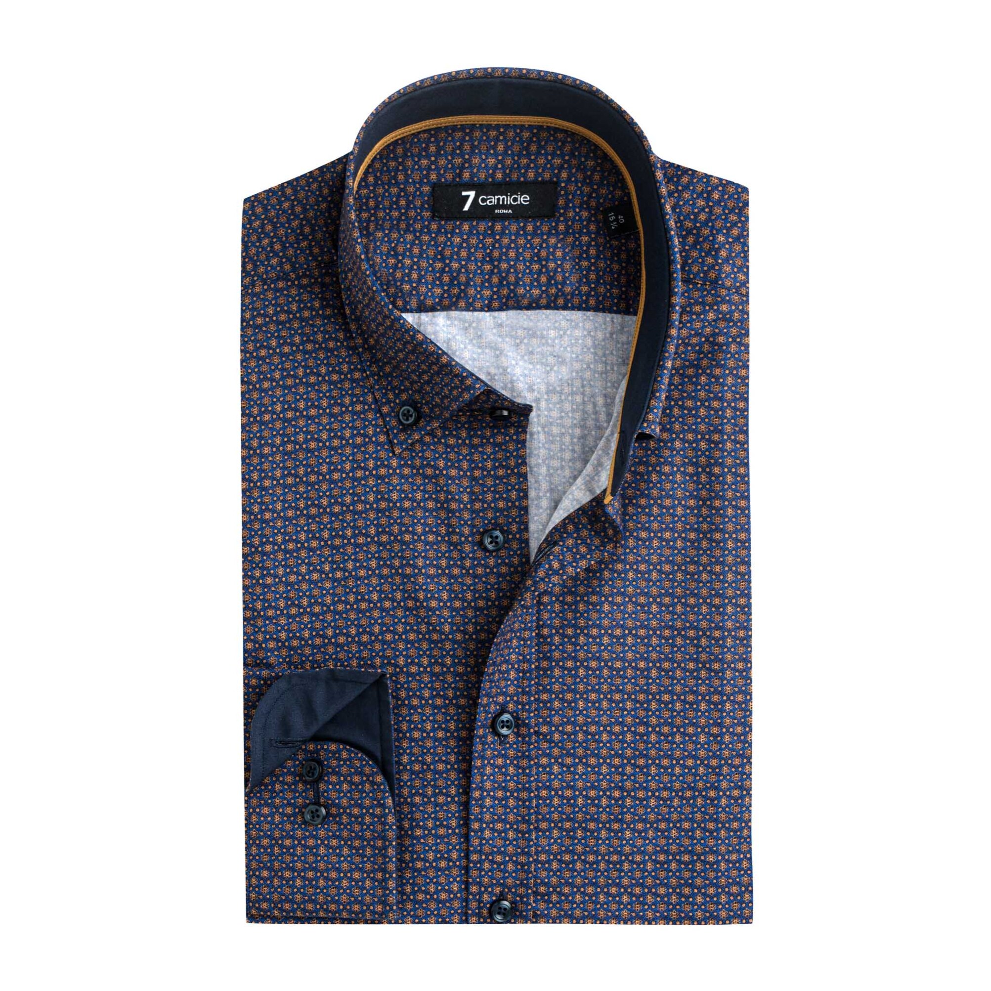 camicia uomo 1 bottone button down slim Popeline Stampato Bluette e Ocra
