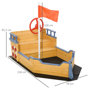 Bac à sable bateau de pirate - banc, coffre rangement, gouvernail, drapeau, bâche - bois sapin pré-huilé