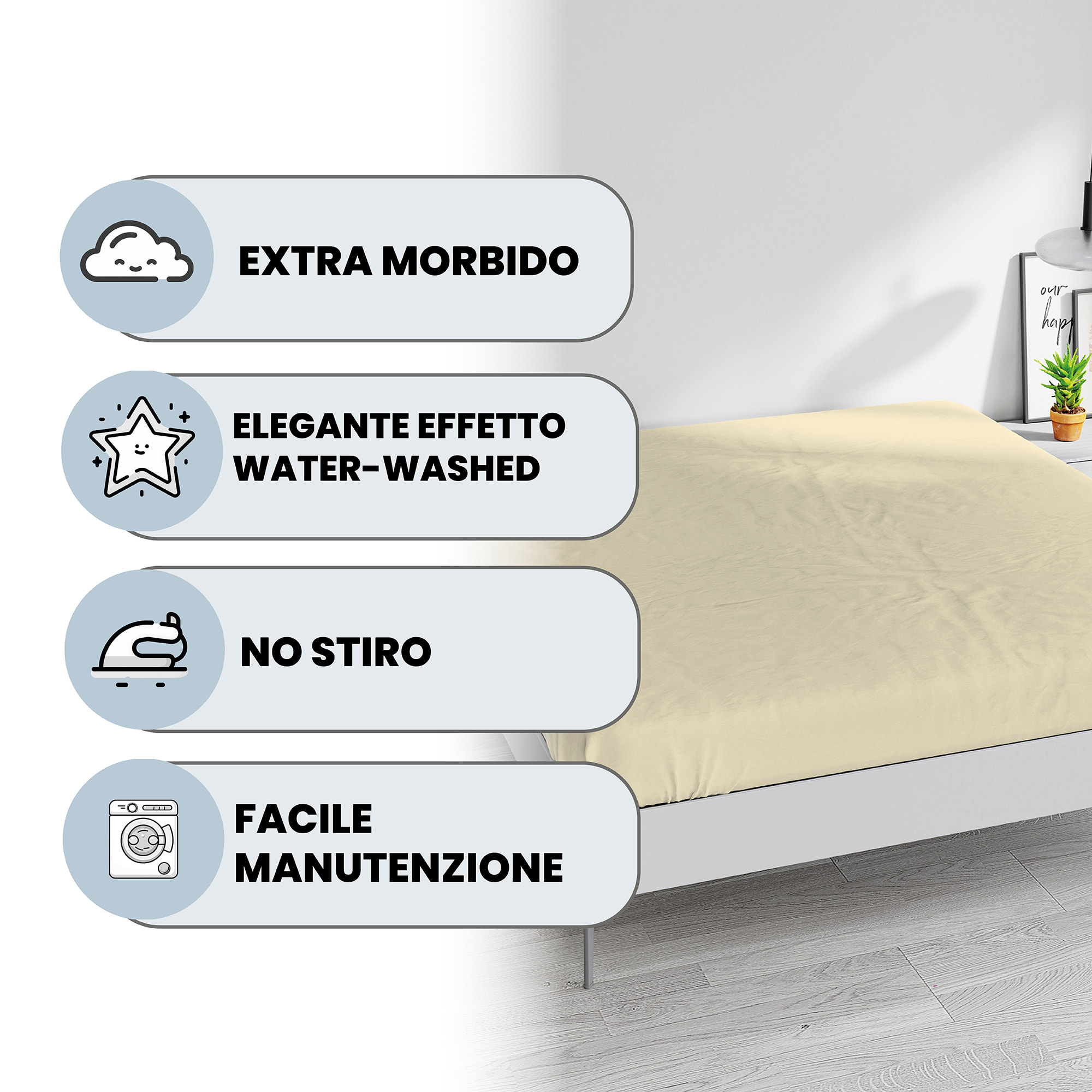 LENZUOLO SOTTO WATERWASHED, con angoli, 100% Microfibra, No Stiro - CREMA