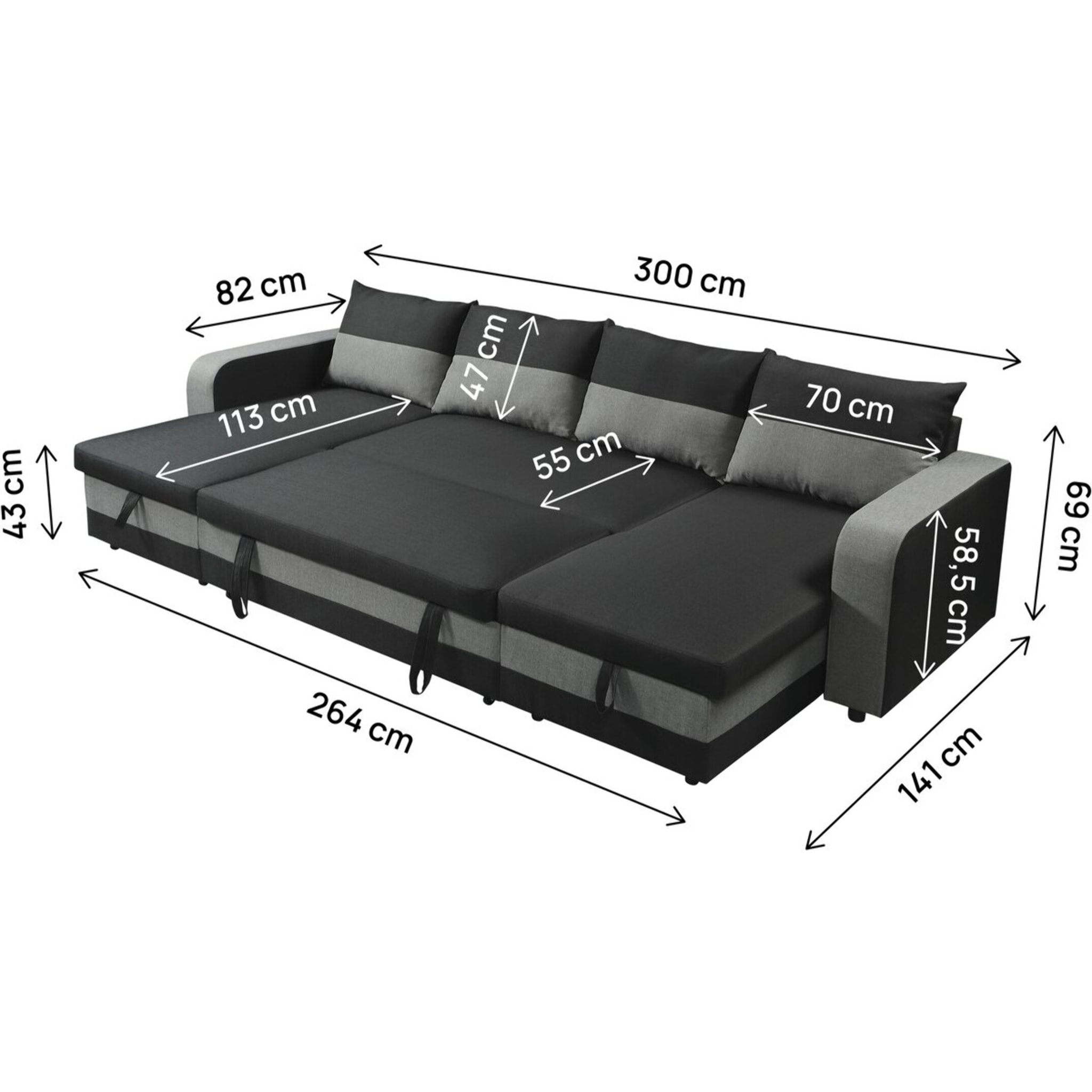 Canapé d'angle panoramique convertible en tissu "Victor" - 4 places - Noir