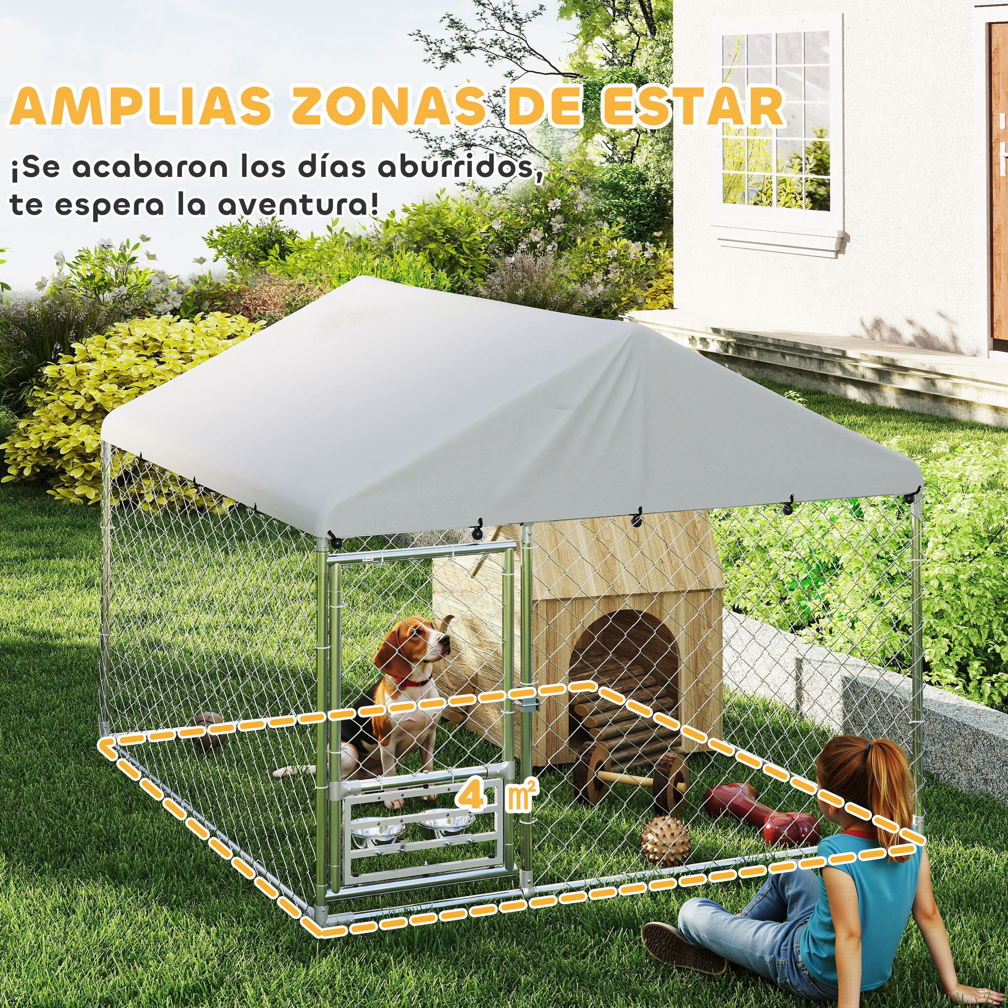 Perrera de Exterior con Techo 2x2x1,55 m Jaula para Perros de Acero Galvanizado con Techo Impermeable Soporte para Comida Giratorio y Ajustable 2 Cuencos para Perros Medianos y Pequeños