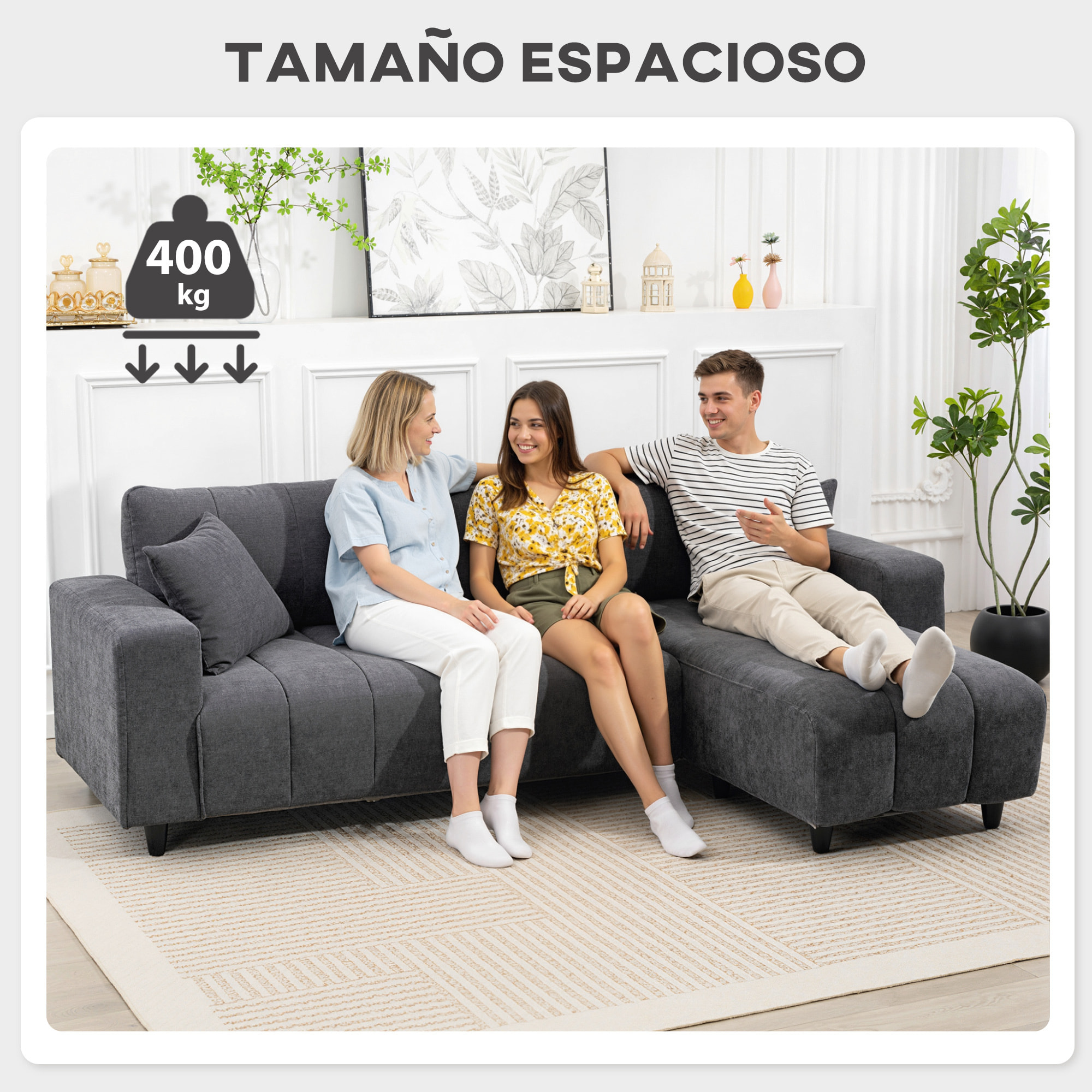Sofá Chaise Longue Reversible, Sofá Esquinero en Forma de L de 3 Plazas, 2 Almohadas, Tapizado en Lino, Marco de Acero, para Salón, 242x156x87 cm, Gris Oscuro