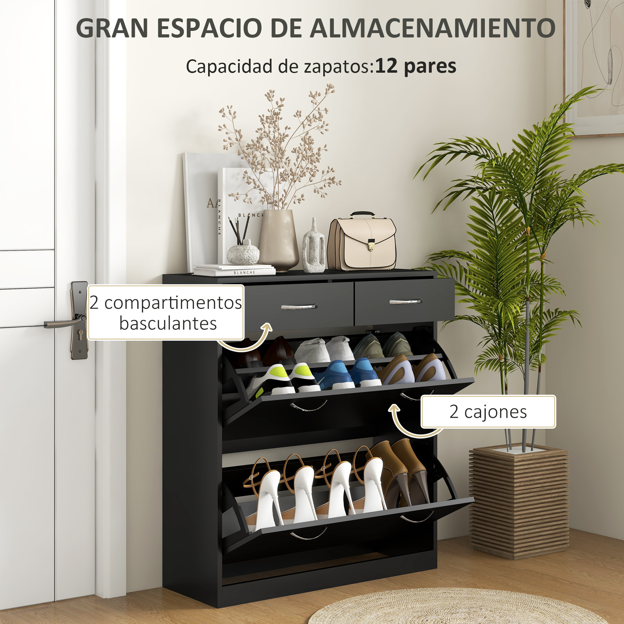Mueble Zapatero Estrecho Zapatero Entrada Recibidor con 2 Cajones Abatibles y 2 Cajones Extraíbles para 12 Pares de Zapatos para Pasillo 80x30x91,5 cm Negro