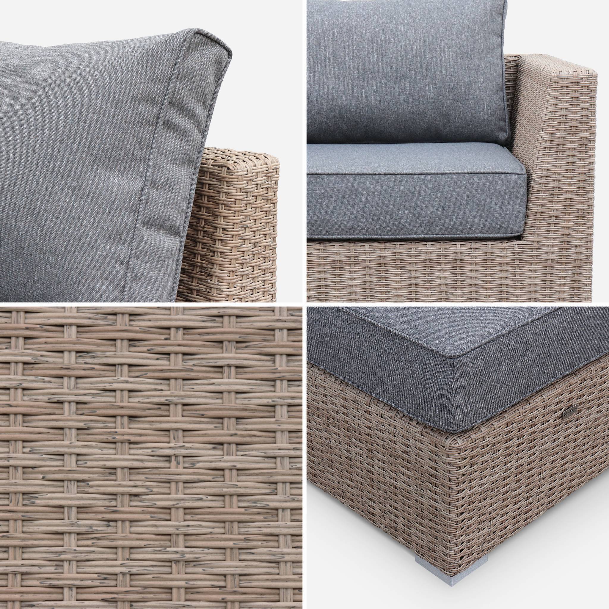 Salon de jardin Premium en résine tressée arrondie – VINCI – Résine naturelle style osier. coussins gris foncé – 5 places. haut de gamme