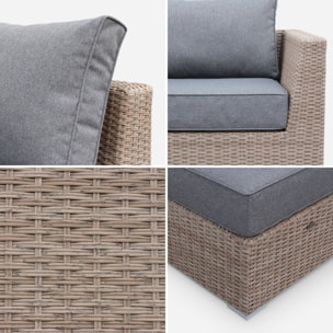 Salon de jardin Premium en résine tressée arrondie – VINCI – Résine naturelle style osier. coussins gris foncé – 5 places. haut de gamme