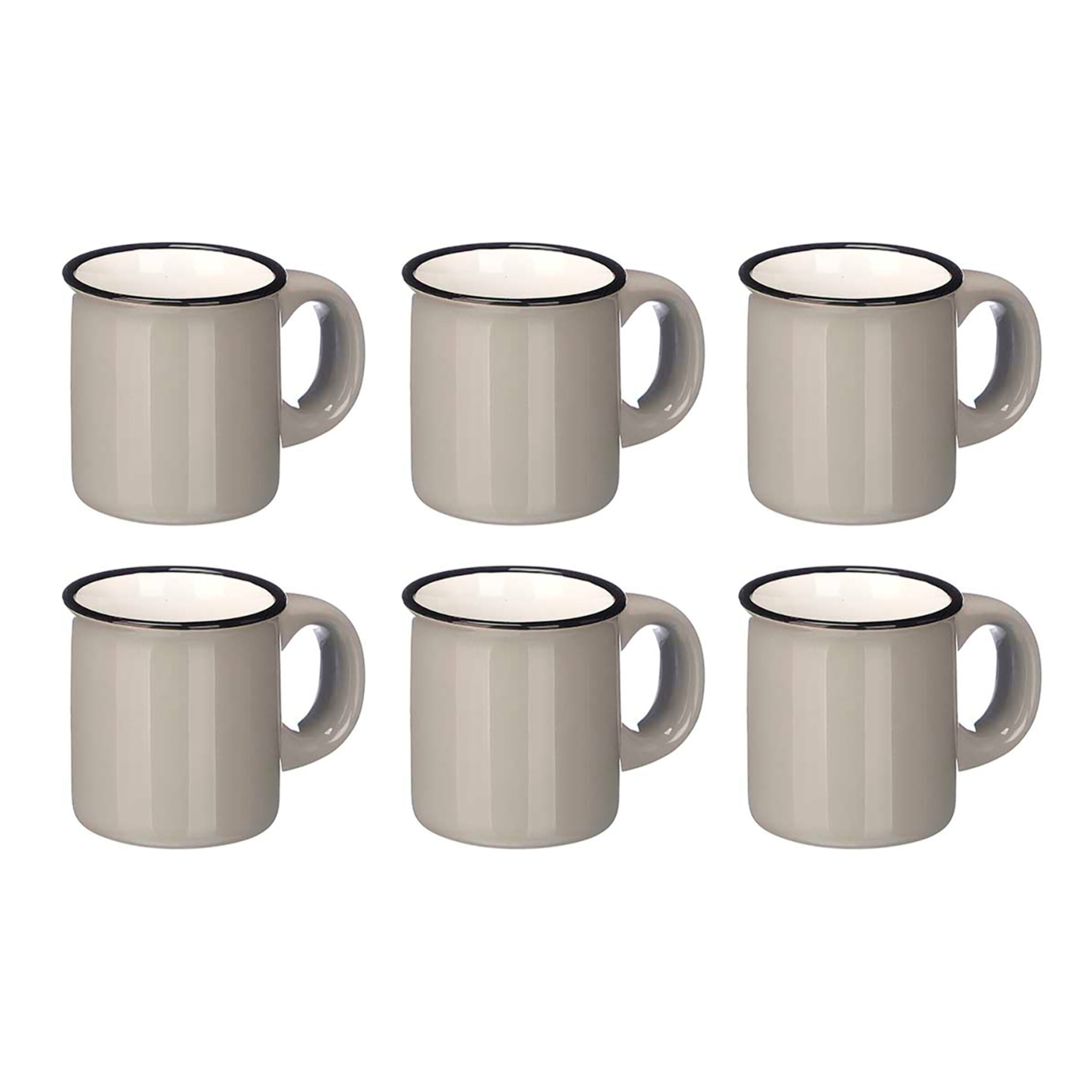 Set de 6 tazas grises para café de porcelana con soporte de metal. 100 ml de capacidad.
