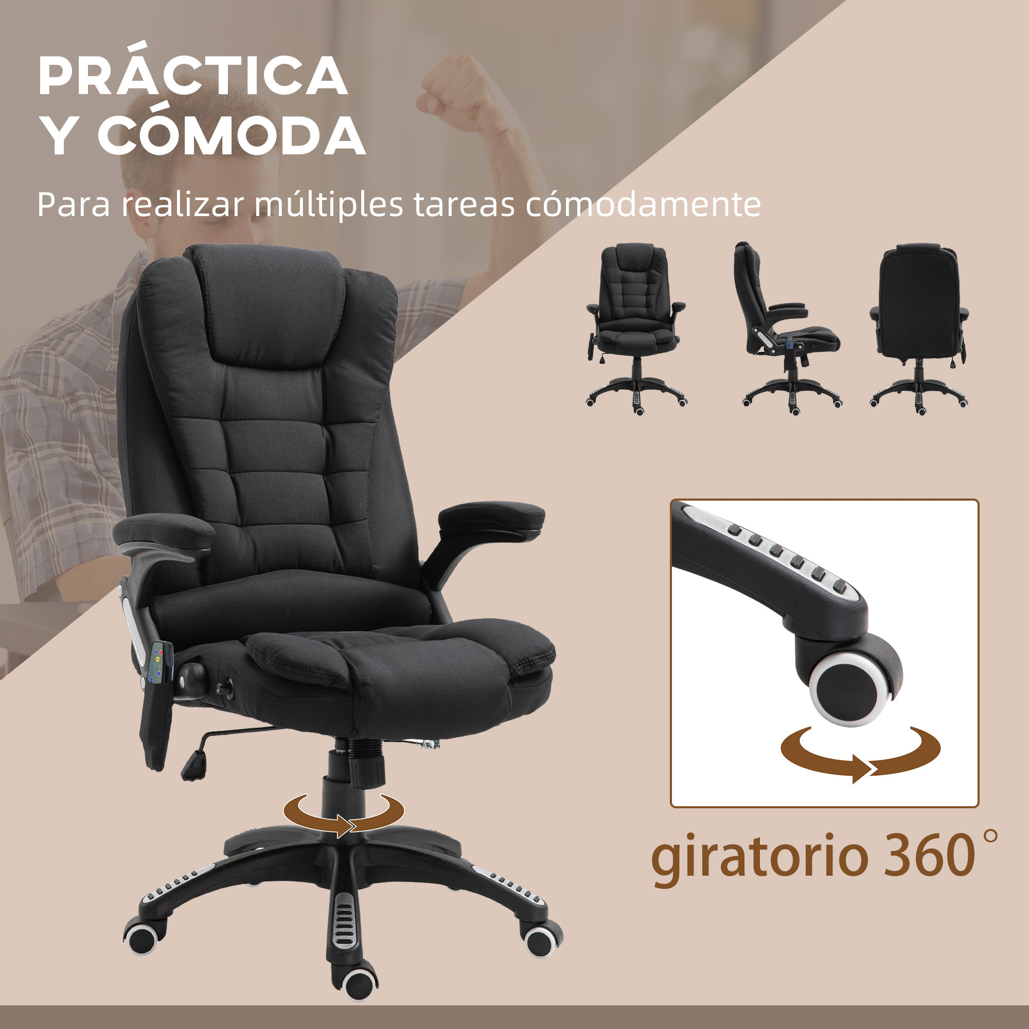 Silla de Masaje con 6 Puntos de Masaje Silla de Escritorio Reclinable hasta 130° con Función de Calefacción Altura Ajustable y Ruedas para Estudio 68x72x110-120 cm Negro