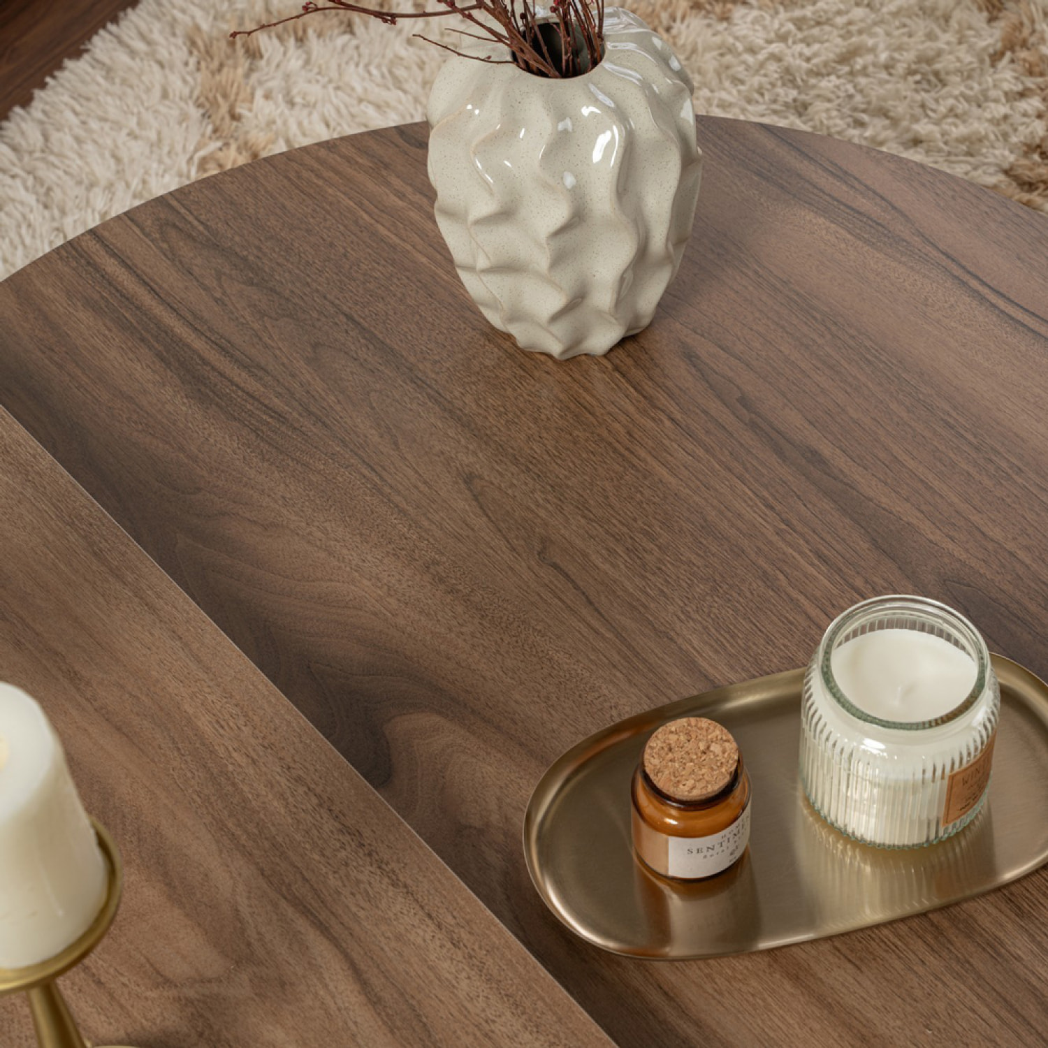 BONY Table basse ronde podium bois noyer et blanc 90cm