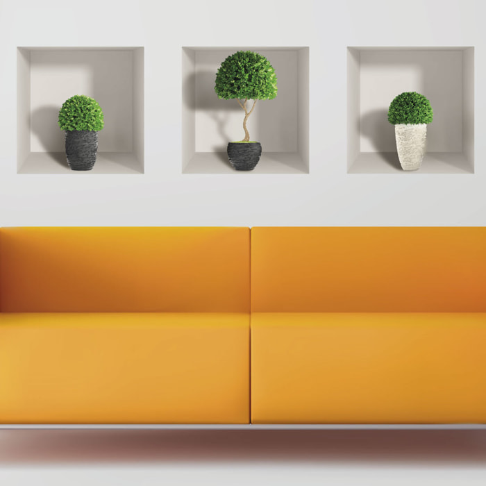 Stickers muraux 3D | Sticker Mural Autocollant effet 3D plantes pots de buis - Stickers adhésifs 3D Chambre Salon Trompe l'oeil
