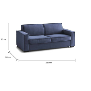 Divano Letto Adalgisa, Divano a 3 posti, 100% Made in Italy, Sofà Soggiorno con apertura girevole, in tessuto imbottito, con Braccioli standard, Cm 220x95h90, Blu