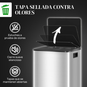 Cubo de Basura de Cocina con 2 Compartimentos 2x20L Papelera de Cocina de Acero Inoxidable con Pedal Tapa de Cierre Suave y Cubo Extraíble para Dormitorio Oficina Salón Plata