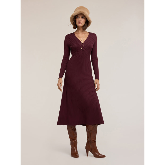 Motivi - Vestido acampanado de punto acanalado - Burgundy