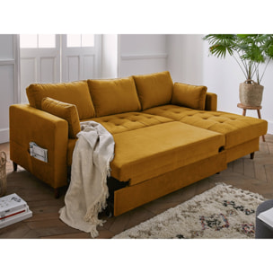 Anna - canapé d'angle droit - 4 places - convertible avec coffre - en velours - Jaune