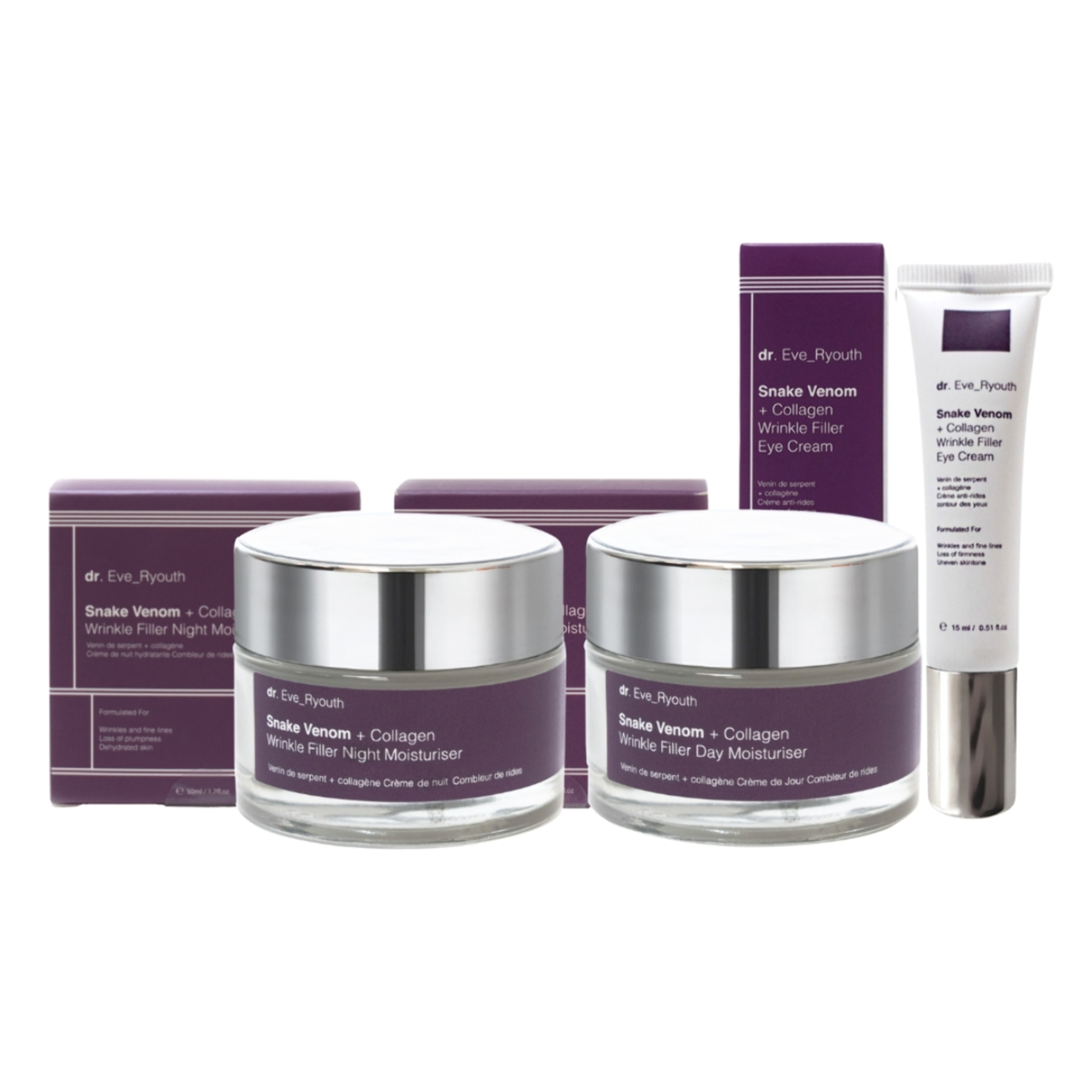 Set de crema para ojos + día + noche con colágeno y veneno de serpiente