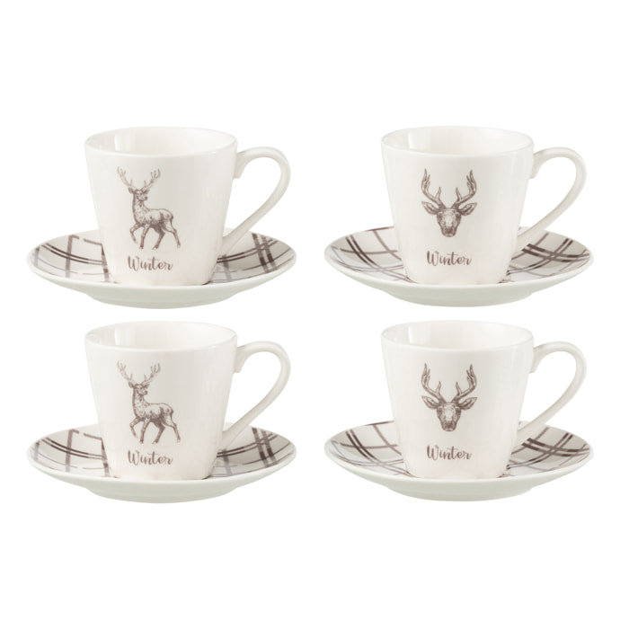 J-Line tasse de thé + sous-tasse Renne - céramique blanc/marron - large - boîte de 4