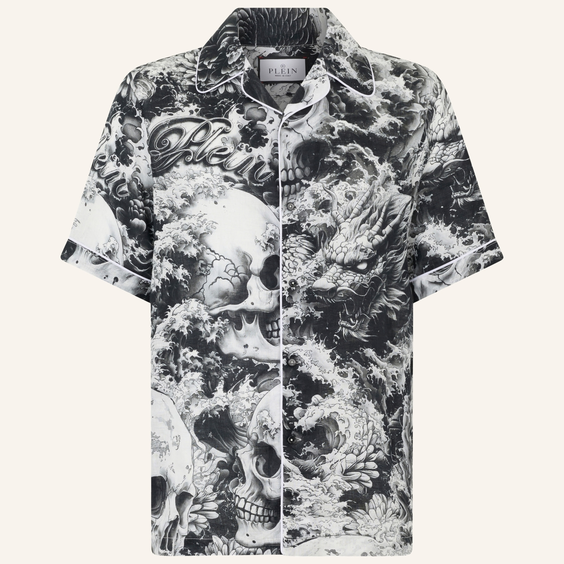 PHILIPP PLEIN Linen Bowling Shirt All-Over Ceramic