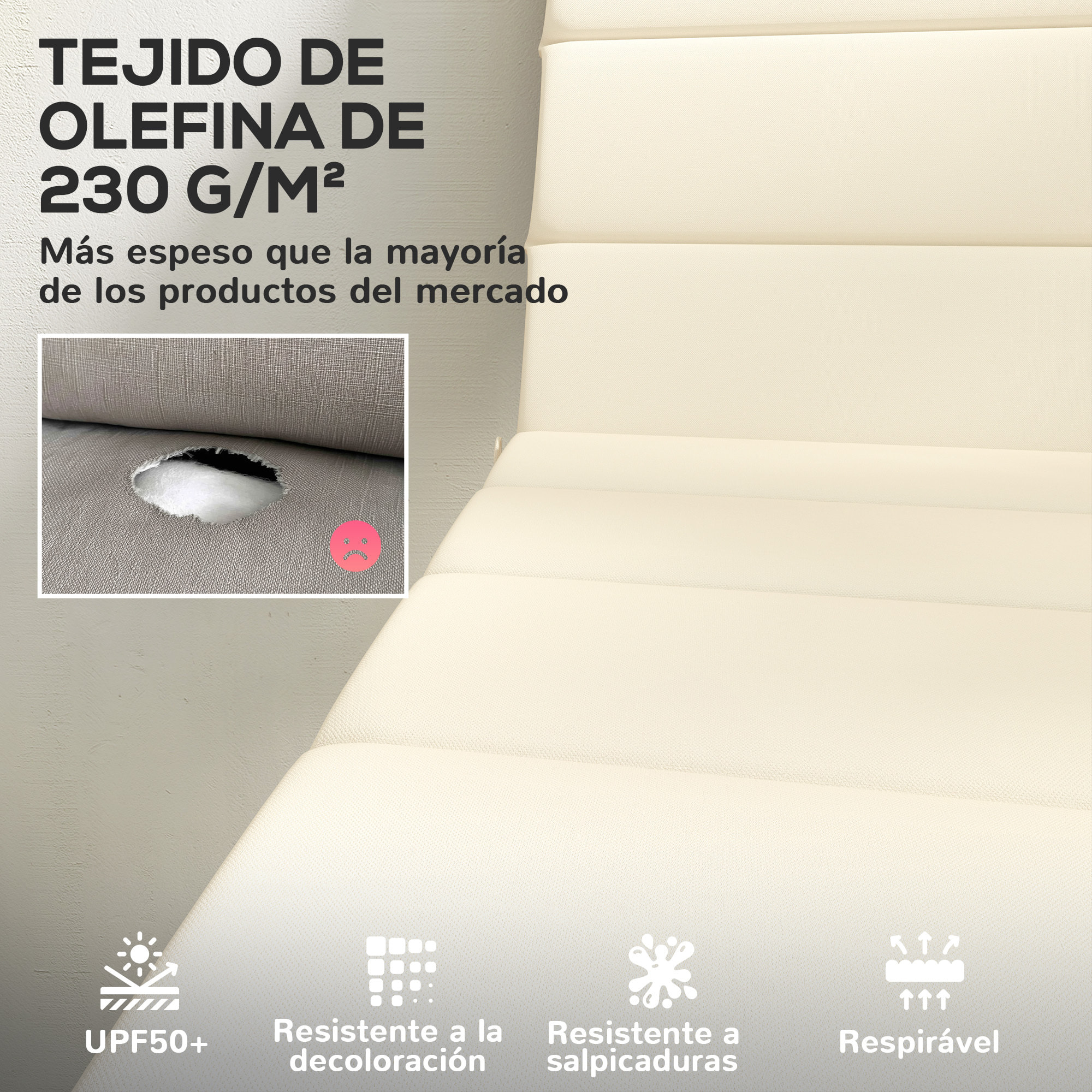 Pack 2 Cojines para Tumbonas Plegables Colchonetas para Tumbonas de Jardín Exterior 203x66x3 cm con Reposacabezas y Correas de Sujeción Crema