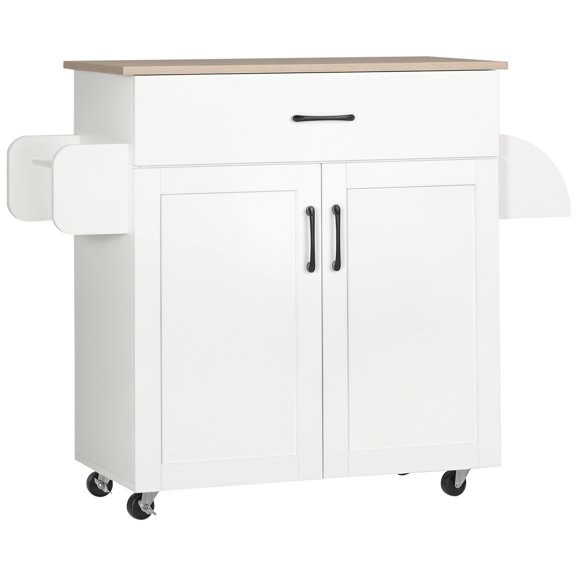 Isla de Cocina con Ruedas, Carrito de Cocina con Cajón, 2 Puertas, Toallero y Especiero, Estante Ajustable, para Comedor, 105x36x85 cm, Blanco