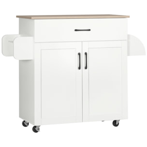 Isla de Cocina con Ruedas, Carrito de Cocina con Cajón, 2 Puertas, Toallero y Especiero, Estante Ajustable, para Comedor, 105x36x85 cm, Blanco