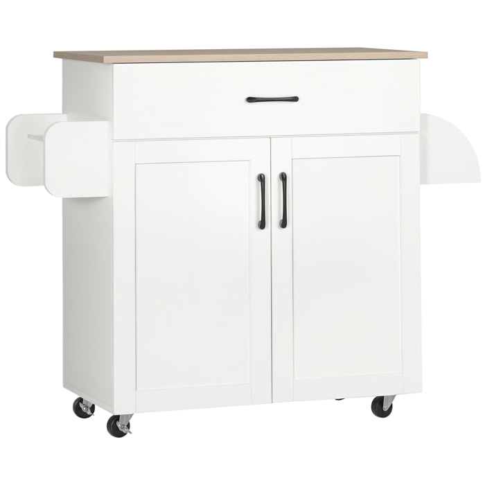 Isla de Cocina con Ruedas, Carrito de Cocina con Cajón, 2 Puertas, Toallero y Especiero, Estante Ajustable, para Comedor, 105x36x85 cm, Blanco
